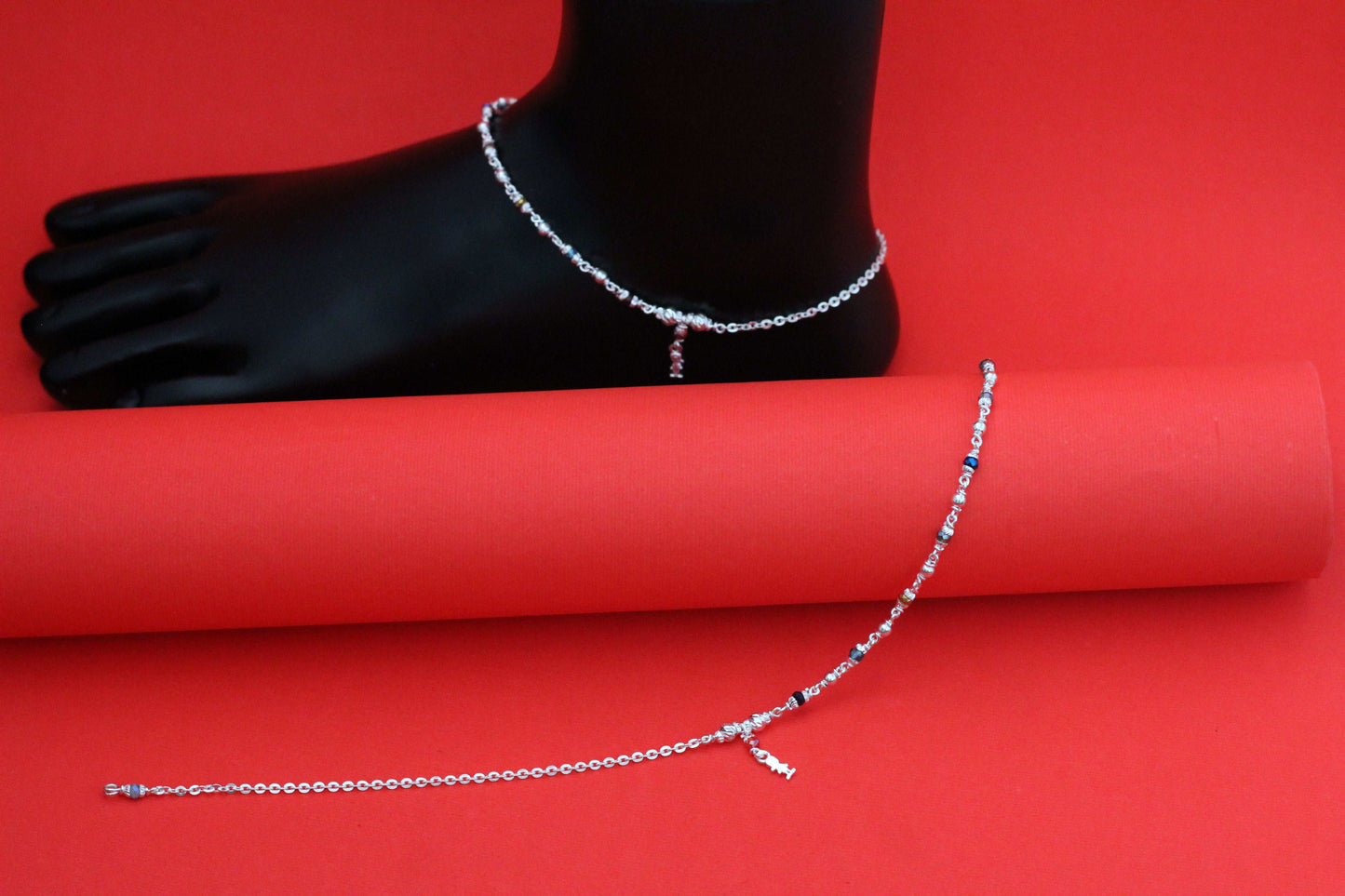 Silver Anklets For Women - Chain with Multicolor Beeds