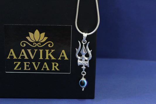 Silver Trishul Pendant with Evil Eye Charm | Spiritual Mahadev Jewelry