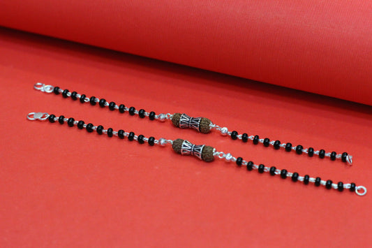 Silver nazariya with Black beads and Rudraksha center piece
