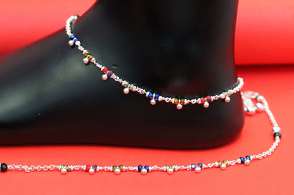 Elegant Silver Payal with multicolour and black Beads