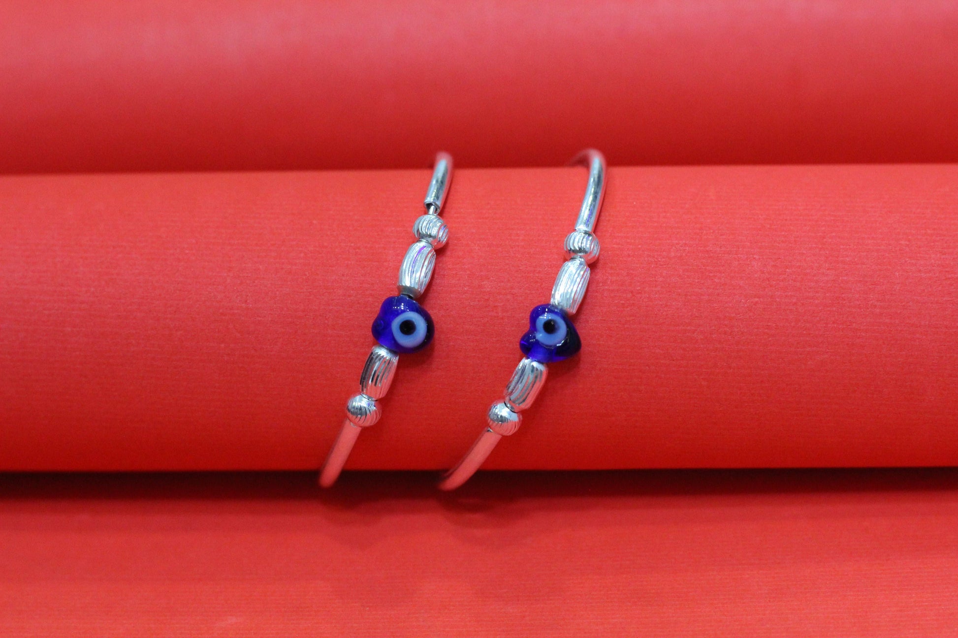 Silver Kids Bangles with heart shap Evil Eye Beads