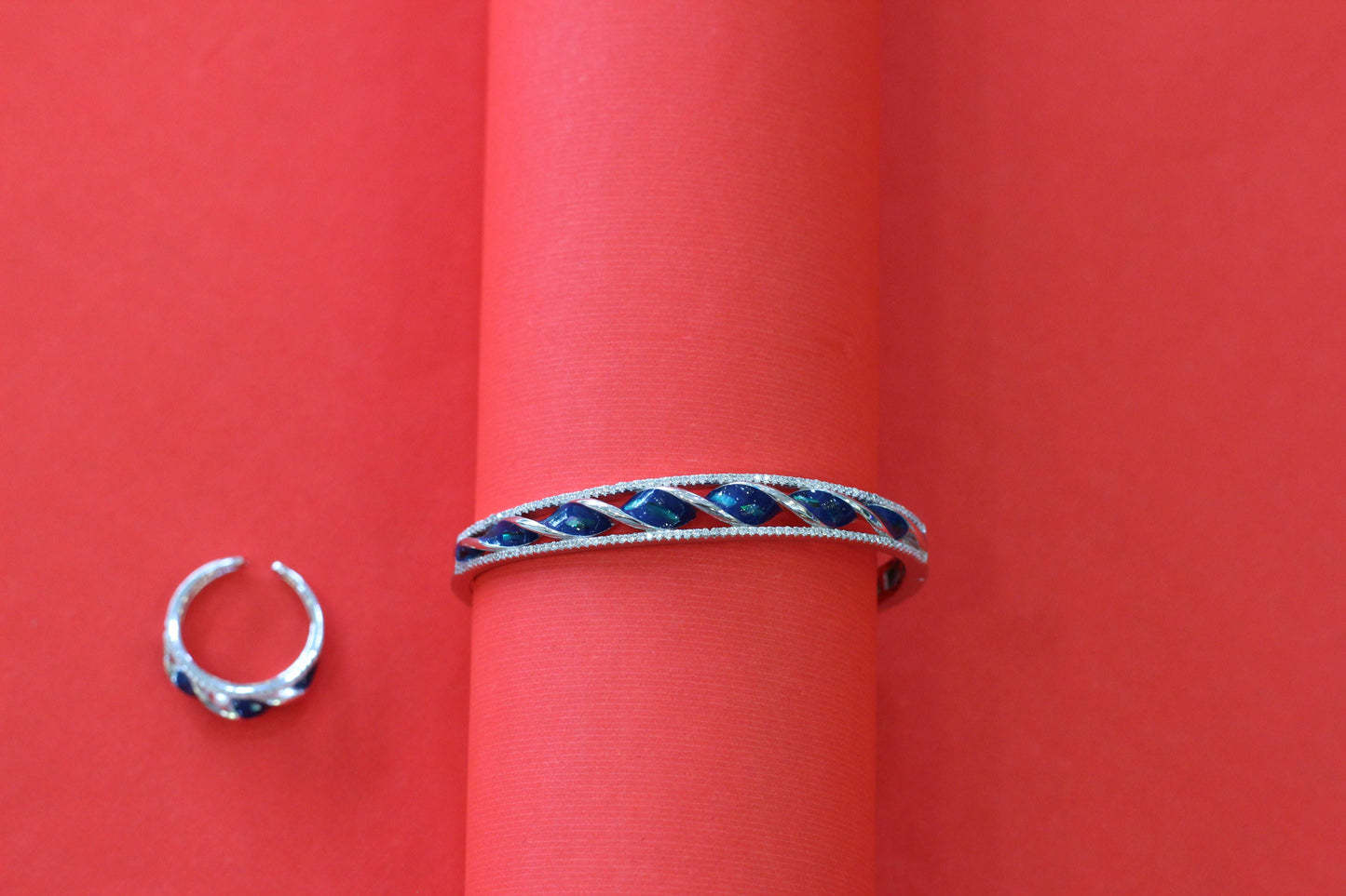 Sterling Silver Kada & Ring Combo with Blue Enamel Work