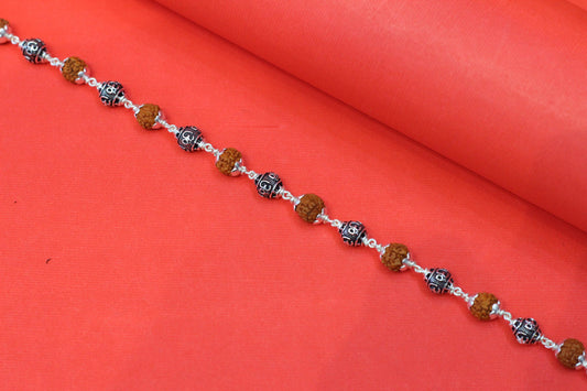 Pure Silver Rudraksha Bracelet with Om Symbol Centerpiece