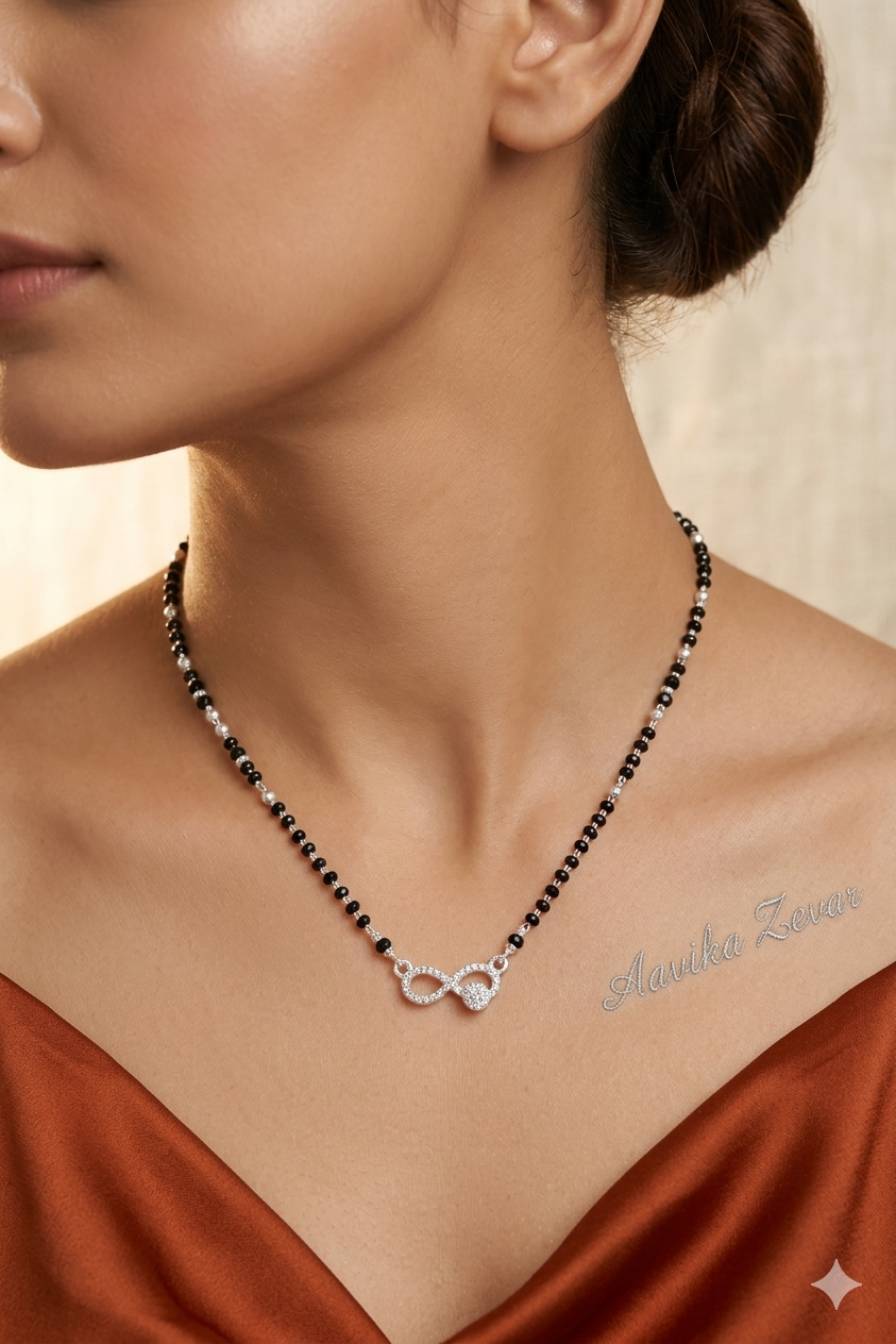 Aavikazevar 925 Sterling Silver Mangalsutra for Women | Daily Wear Black Bead Chain with Elegant infinit Pendant | Lightweight & Skin-Friendly