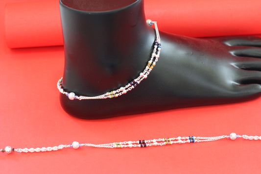 Silver Anklet for Women & Girls | Double Chain Payal with Multi-Color Beads & Silver Balls | Lightweight Daily Wear Jewelry