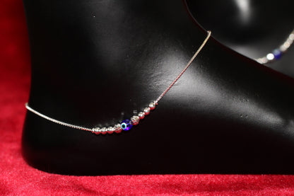 925 Sterling Silver Simple Box Chain Anklet with evil eye Bead Accents for Women & Girls – Lightweight Daily Wear Payal