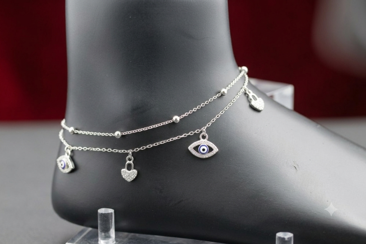 925 Sterling Silver Evil Eye Double Layer Anklet for Women & Girls – Adjustable Chain with heart Stone Charms pair
