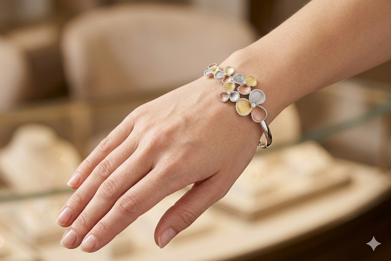 925 Sterling Silver Tri-Tone Floral Bangle – Elegant Rose Gold, Yellow Gold & Silver Flower Cluster Kada for Women