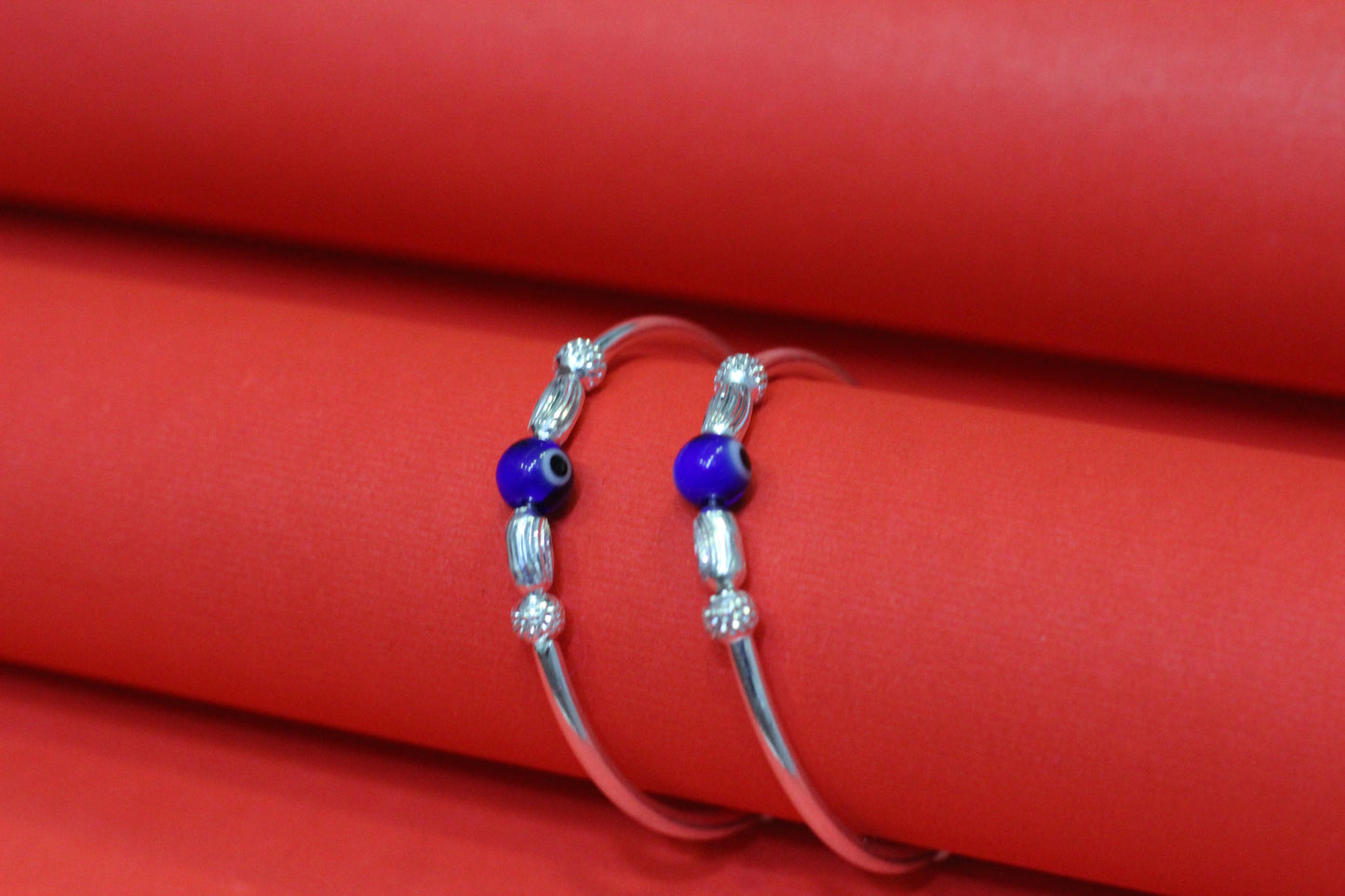 Born baby Silver Kids Bangles with round shap Evil Eye Beads