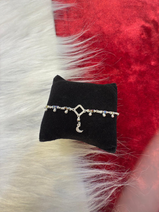 Elegant Silver squre Charm with star hanging Bracelet for Girls – Beaded Design with Blue Accents