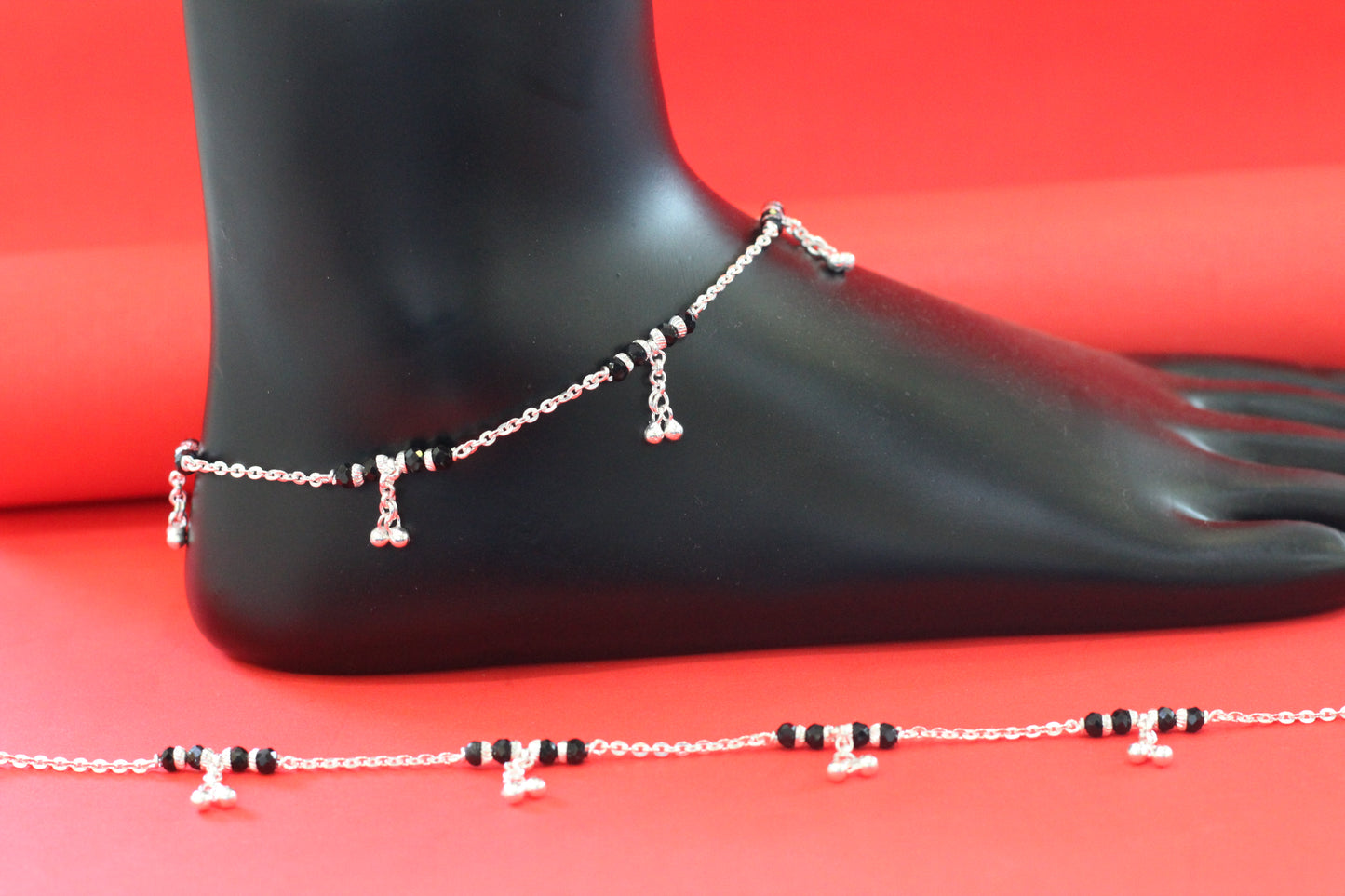 Elegant Silver Black Beaded Anklet with Hanging Charms for Women & Girls