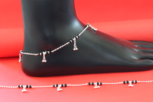 Elegant Silver Black Beaded Anklet with Hanging Charms for Women & Girls