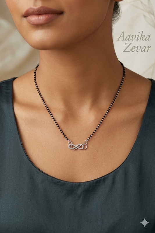 Italian Silver 925 Hallmarked Mangalsutra for Women | two Infinity Design CZ Pendant | Black Beads Chain | Daily Wear & Gift for Wife