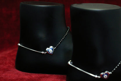 925 Sterling Silver Heart Evil Eye Charm Anklet for Women & Girls | Dual Chain Black Beads & Silver Link Payal| Adjustable Lightweight Design