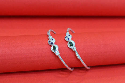 Silver Kids Bangles green stone
