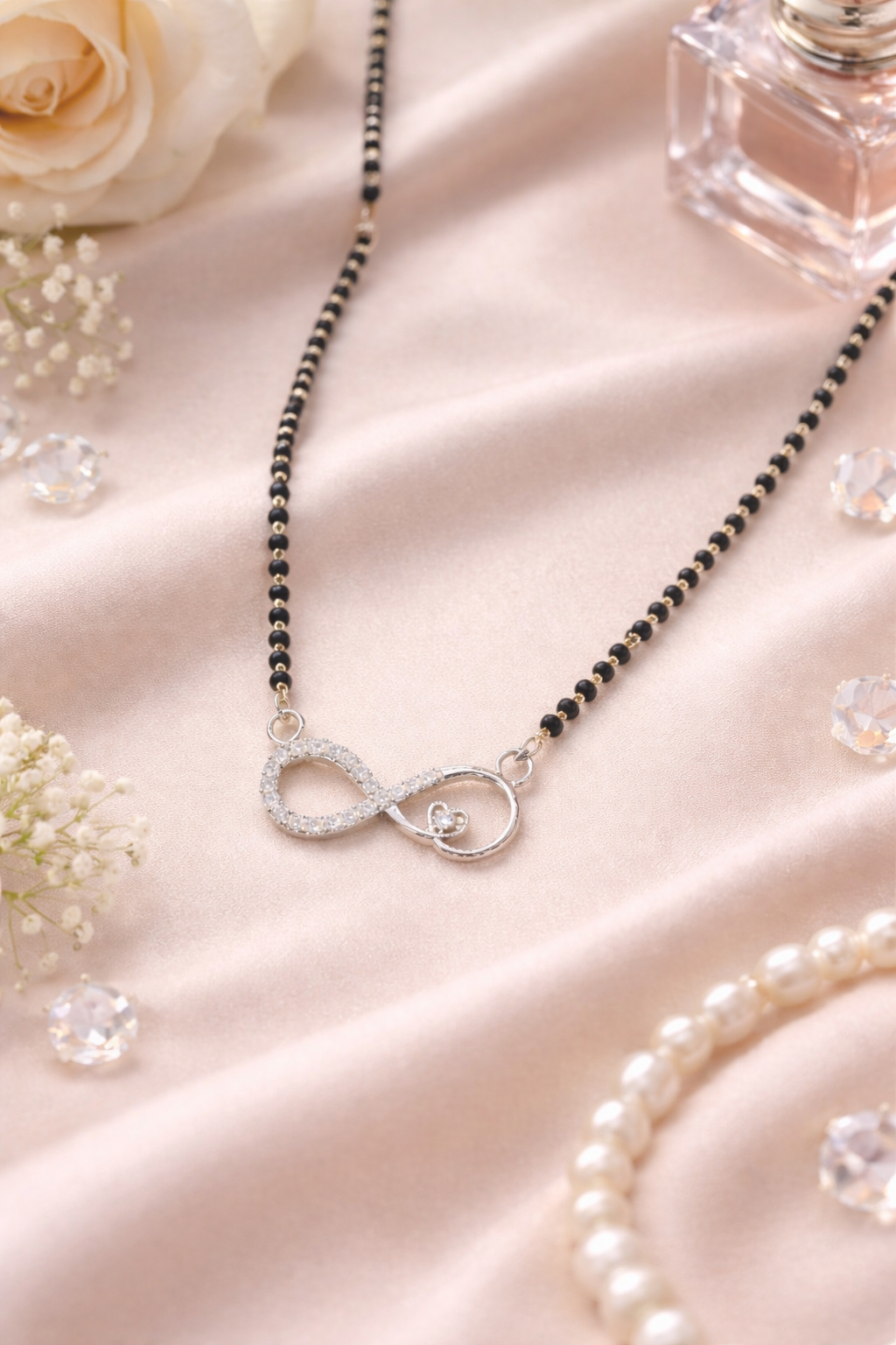 Italian Silver 925 Hallmarked Mangalsutra for Women | Infinity Design with small heart CZ Pendant | Black Beads Chain | Daily Wear & Gift for Wife