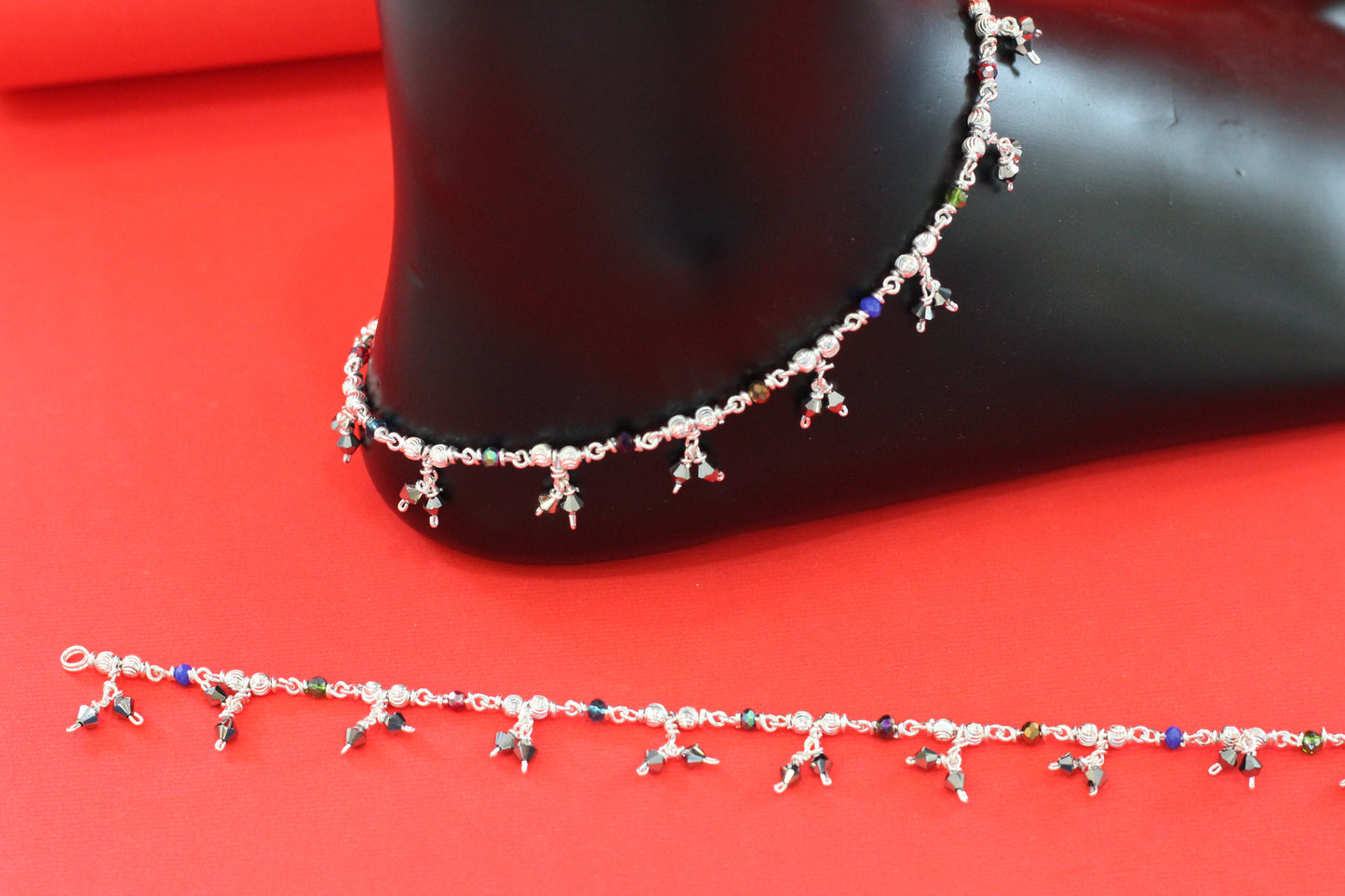 Silver Anklet with Multicolor Beads & Hanging Charms – Lightweight Daily Wear Payal for Women & Girls