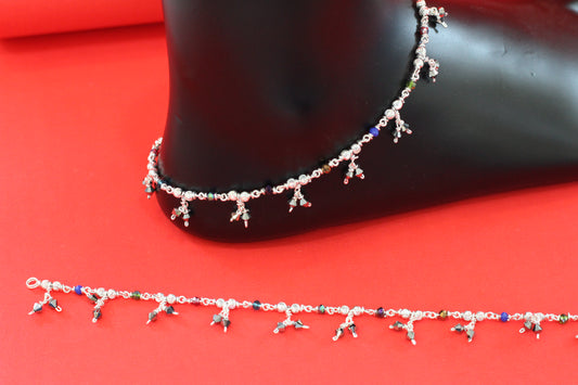 Silver Anklet with Multicolor Beads & Hanging Charms – Lightweight Daily Wear Payal for Women & Girls