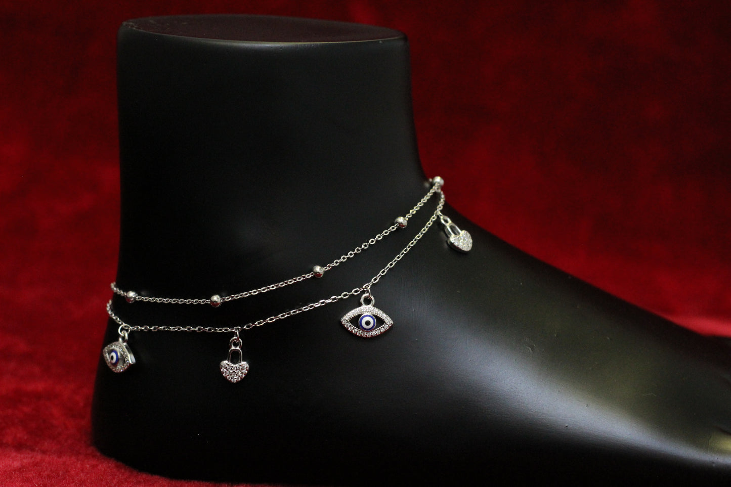 925 Sterling Silver Evil Eye Double Layer Anklet for Women & Girls – Adjustable Chain with heart Stone Charms