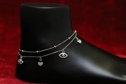 925 Sterling Silver Evil Eye Double Layer Anklet for Women & Girls – Adjustable Chain with heart Stone Charms
