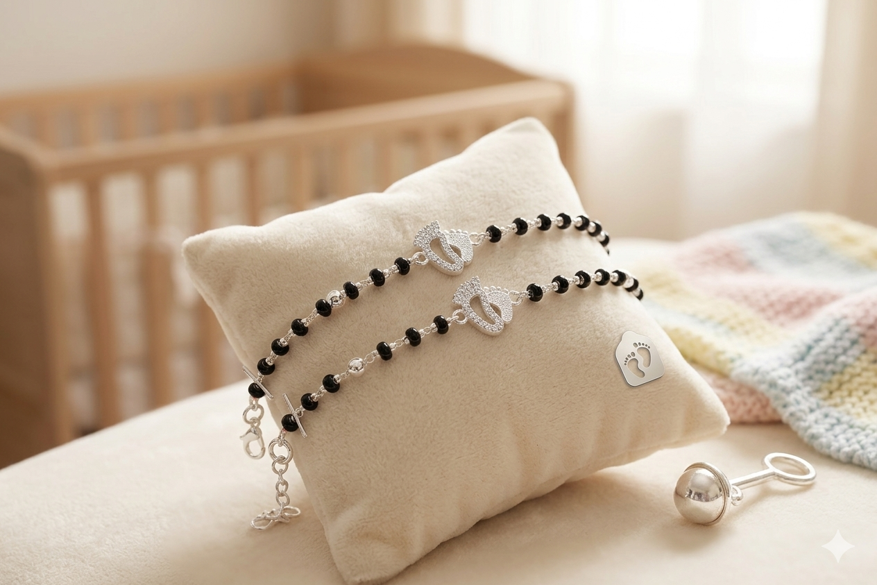 Silver nazariya with footprint charm at the center