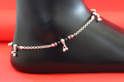 Elegant Silver Black and brown Beaded Anklet with Hanging Charms for Women & Girls
