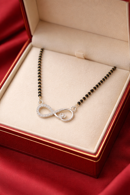 Italian Silver 925 Hallmarked Mangalsutra for Women | Infinity Design with small heart CZ Pendant | Black Beads Chain | Daily Wear & Gift for Wife