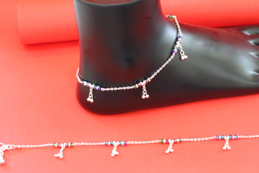 Elegant Silver multi color Beaded Anklet with Hanging Charms for Women & Girls