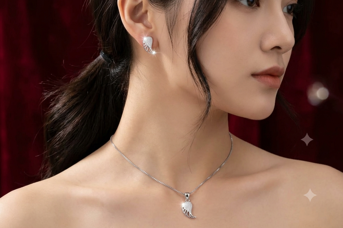 925 Sterling Silver Angel Wing Pendant Necklace & Stud Earrings Set with CZ Diamonds