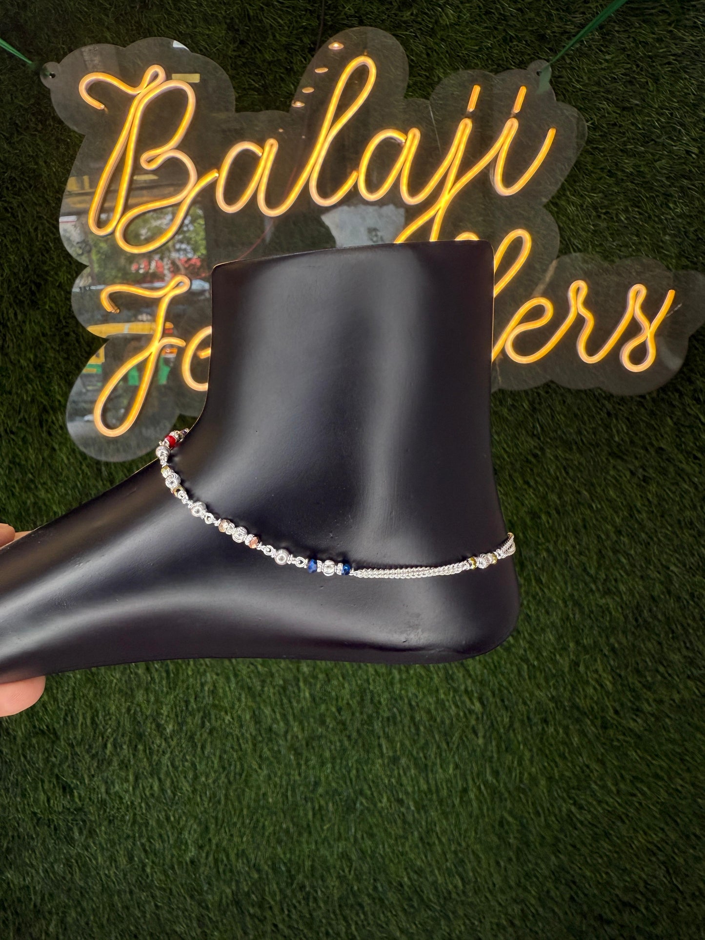 Stylish Silver Chain Anklet with multi color Beads and slik chain  – Everyday Wear Sterling Silver Payal