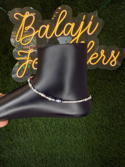 Stylish Silver Chain Anklet with multi color Beads and slik chain  – Everyday Wear Sterling Silver Payal