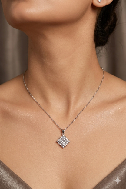 Aavika Zevar Square Halo Radiant Cut Pendant Necklace | Silver Geometric Rhombus Statement Jewelry for Weddings and Parties