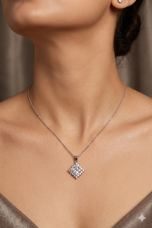 Aavika Zevar Square Halo Radiant Cut Pendant Necklace | Silver Geometric Rhombus Statement Jewelry for Weddings and Parties