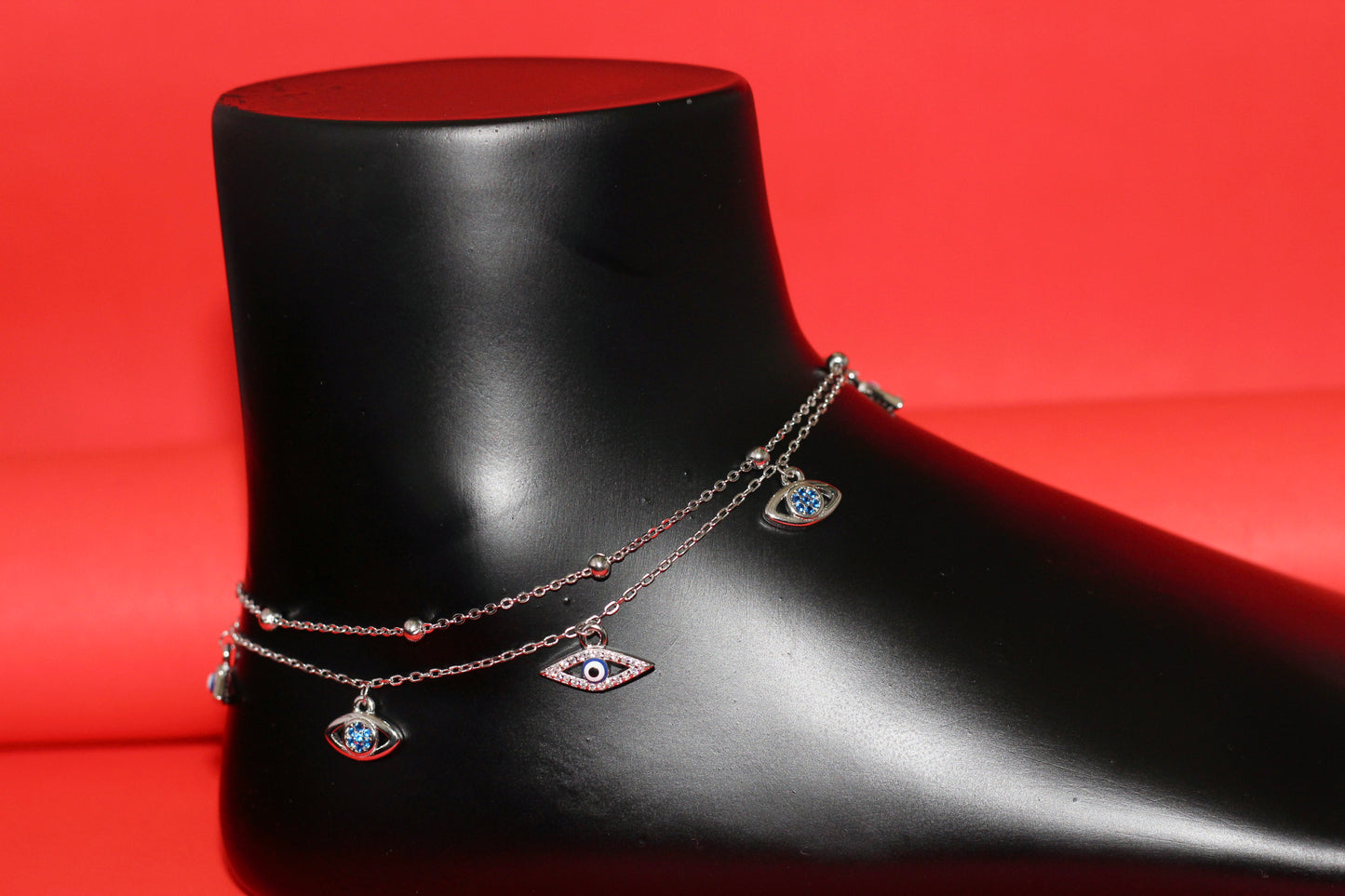 925 Sterling Silver Evil Eye Double Layer Anklet for Women & Girls – Adjustable Chain with Blue Stone Charms