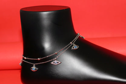 925 Sterling Silver Evil Eye Double Layer Anklet for Women & Girls – Adjustable Chain with Blue Stone Charms
