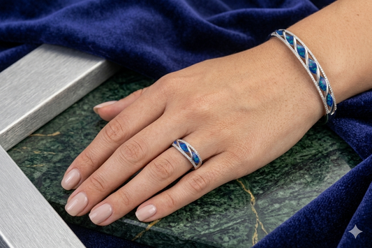 Sterling Silver Kada & Ring Combo with Blue Enamel Work