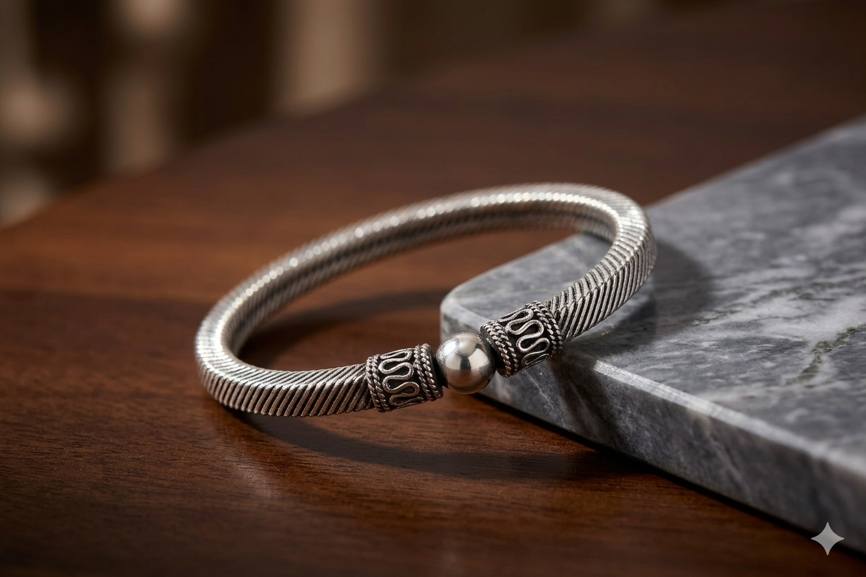 Handcrafted 925 Sterling Silver Textured Kada – Traditional Oxidized Silver Twisted Rope Bangle for Men & Women