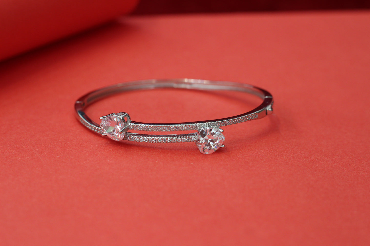 Elegant 925 Silver Kada with Twin heart CZ & Micro Pave Design
