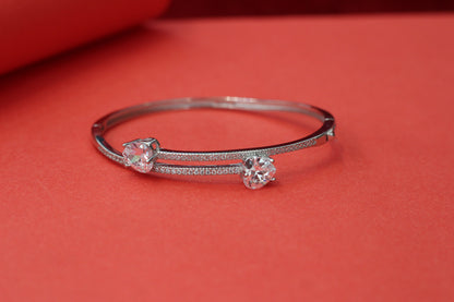 Elegant 925 Silver Kada with Twin heart CZ & Micro Pave Design