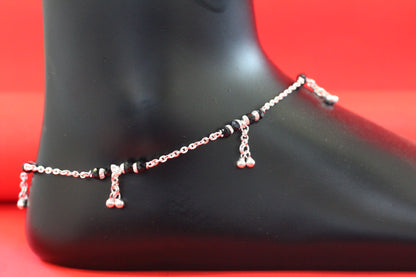 Elegant Silver Black Beaded Anklet with Hanging Charms for Women & Girls