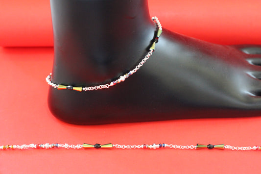 Elegant Silver Anklet with Black Beads & Multicolor Stone Detailing – Traditional & Stylish Payal for Women and Girls