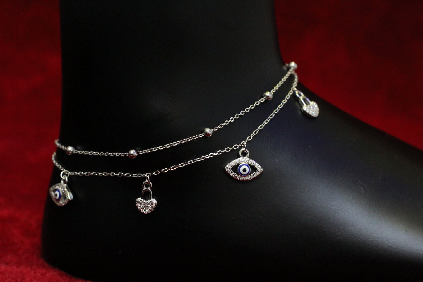 925 Sterling Silver Evil Eye Double Layer Anklet for Women & Girls – Adjustable Chain with heart Stone Charms