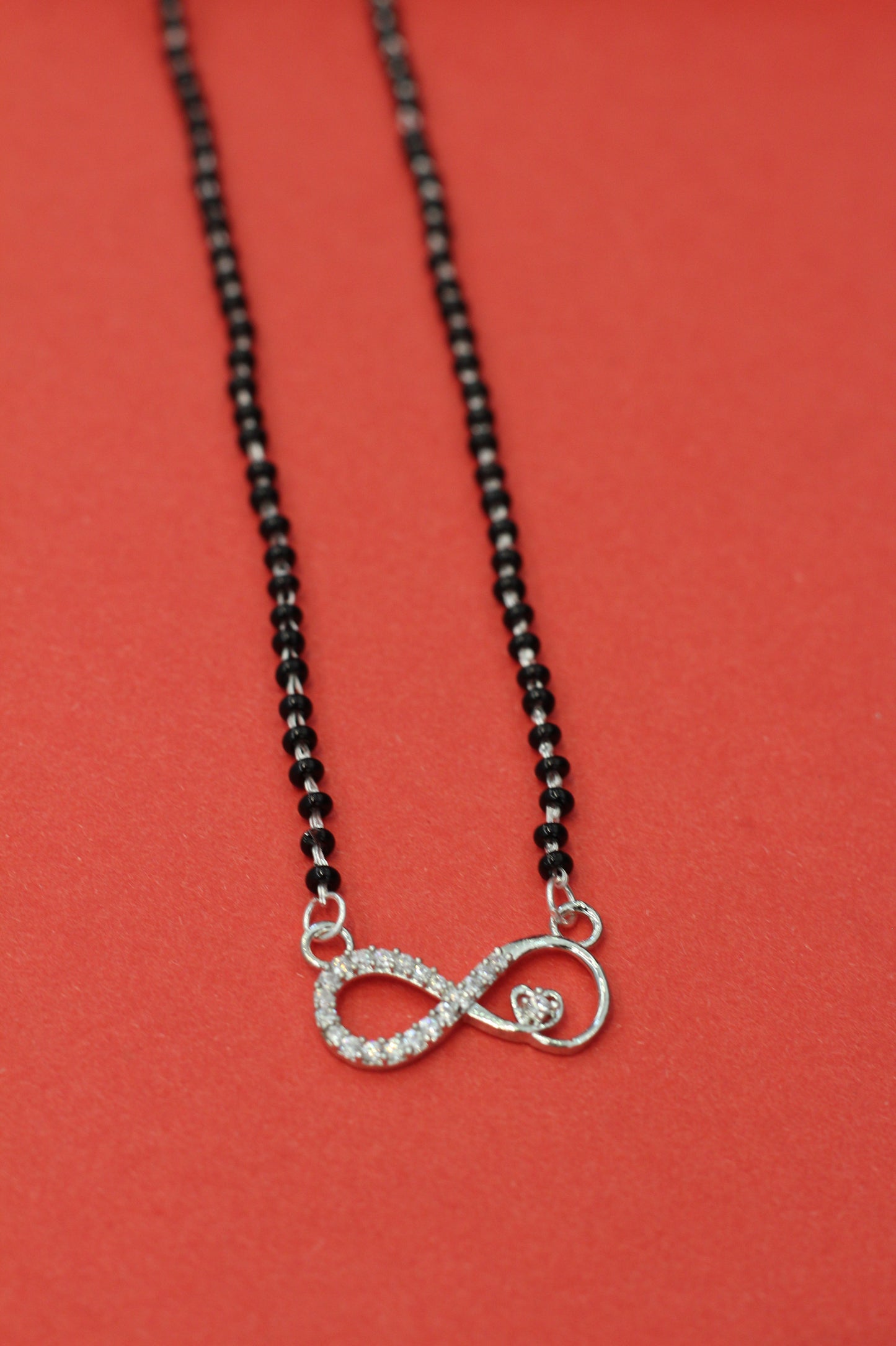 Italian Silver 925 Hallmarked Mangalsutra for Women | Infinity Design with small heart CZ Pendant | Black Beads Chain | Daily Wear & Gift for Wife