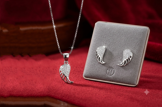 925 Sterling Silver Angel Wing Pendant Necklace & Stud Earrings Set with CZ Diamonds