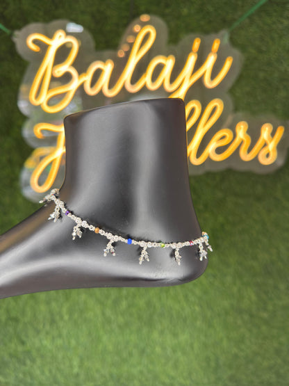 Silver Anklet with Multicolor Beads & Hanging Charms – Lightweight Daily Wear Payal for Women & Girls