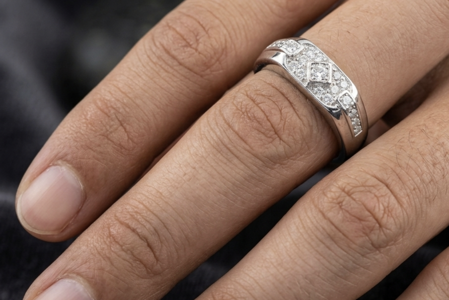 Premium Italian Silver Men’s Ring with Textured Square Face