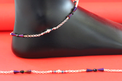 Elegant Silver Anklet with Black Beads & Multicolor Stone Detailing – Traditional & Stylish Payal for Women and Girls