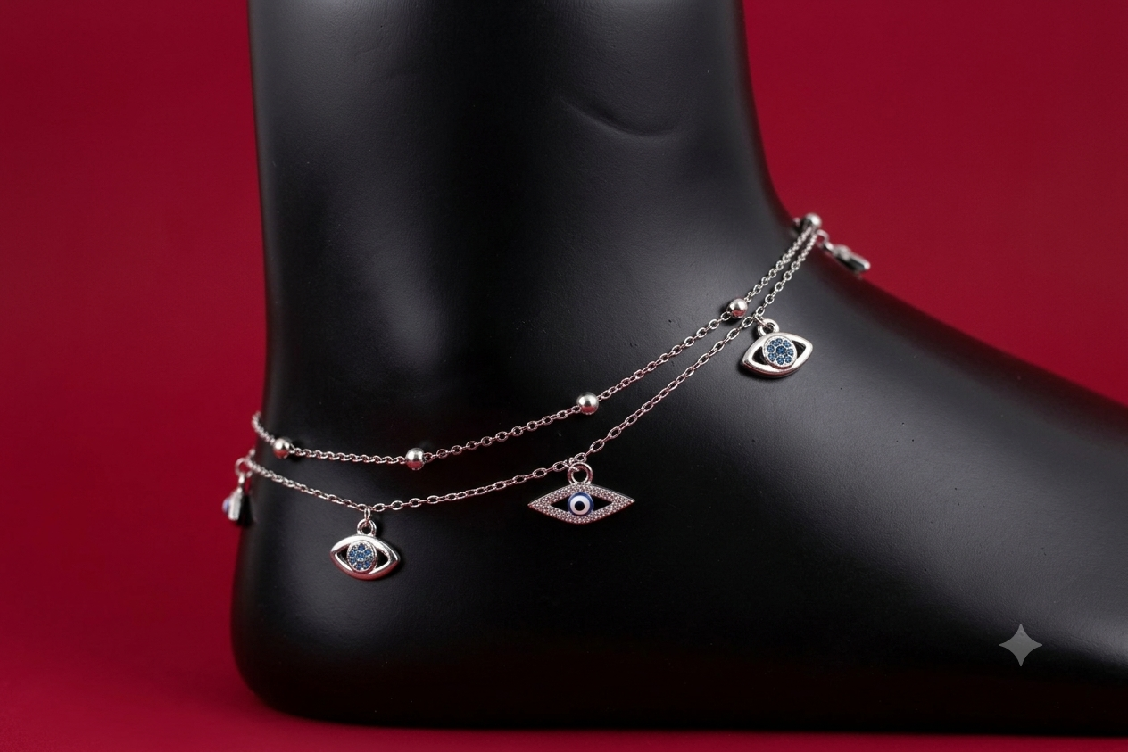 925 Sterling Silver Evil Eye Double Layer Anklet for Women & Girls – Adjustable Chain with Blue Stone Charms pair / Single