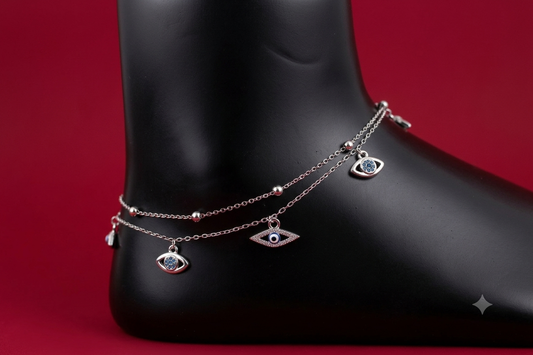 925 Sterling Silver Evil Eye Double Layer Anklet for Women & Girls – Adjustable Chain with Blue Stone Charms pair / Single
