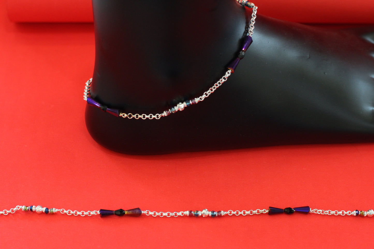 Elegant Silver Anklet with Black Beads & Multicolor Stone Detailing – Traditional & Stylish Payal for Women and Girls